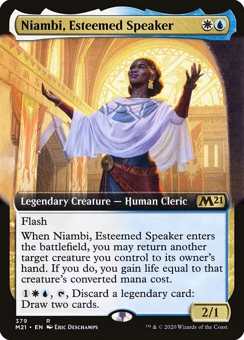 Niambi, Esteemed Speaker
{W}{U}

Legendary Creature — Human Cleric

Flash

When Niambi enters, you may return another target creature you control to its owner’s hand. If you do, you gain life equal to that creature’s mana value.
{1}{W}{U}, {T}, Discard a legendary card: Draw two cards.

2/1