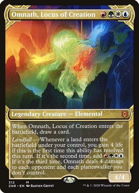 Omnath, Locus of Creation
{R}{G}{W}{U}

Legendary Creature — Elemental

When Omnath enters, draw a card.

Landfall — Whenever a land you control enters, you gain 4 life if this is the first time this ability has resolved this turn. If it’s the second time, add {R}{G}{W}{U}. If it’s the third time, Omnath deals 4 damage to each opponent and each planeswalker you don’t control.

4/4