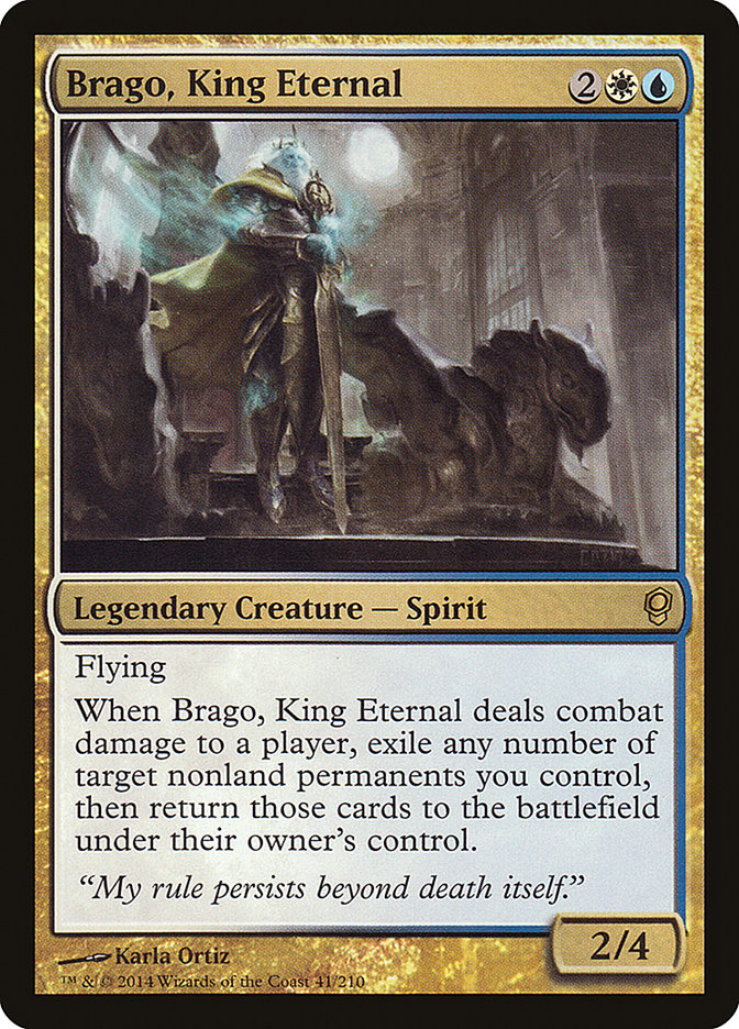 Brago, King Eternal
{2}{W}{U}

Legendary Creature — Spirit Noble

Flying

Whenever Brago deals combat damage to a player, exile any number of target nonland permanents you control, then return those cards to the battlefield under their owner’s control.

2/4