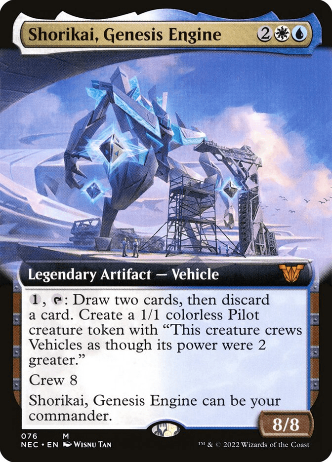 Shorikai, Genesis Engine
{2}{W}{U}

Legendary Artifact — Vehicle

{1}, {T}: Draw two cards, then discard a card. Create a 1/1 colorless Pilot creature token with “This token crews Vehicles as though its power were 2 greater.”

Crew 8

8/8